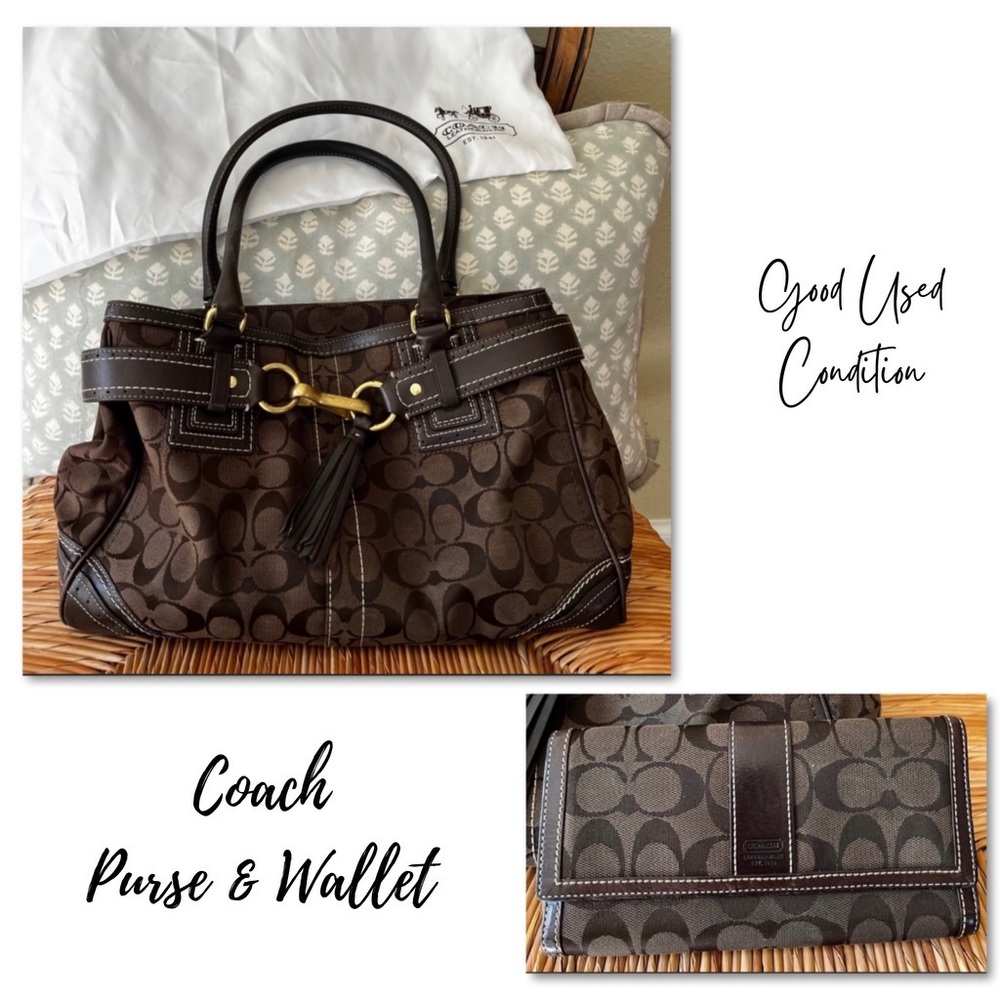 Coach Hamptons Brown Signature Shoulder Bag & Wallet- 15”(L) x 8”(H)